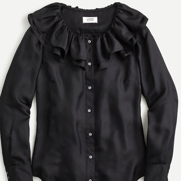 J. Crew Collection Silk Blouse Womens Size XXS Black Twill Ruffle-Collar Button - Picture 2 of 13